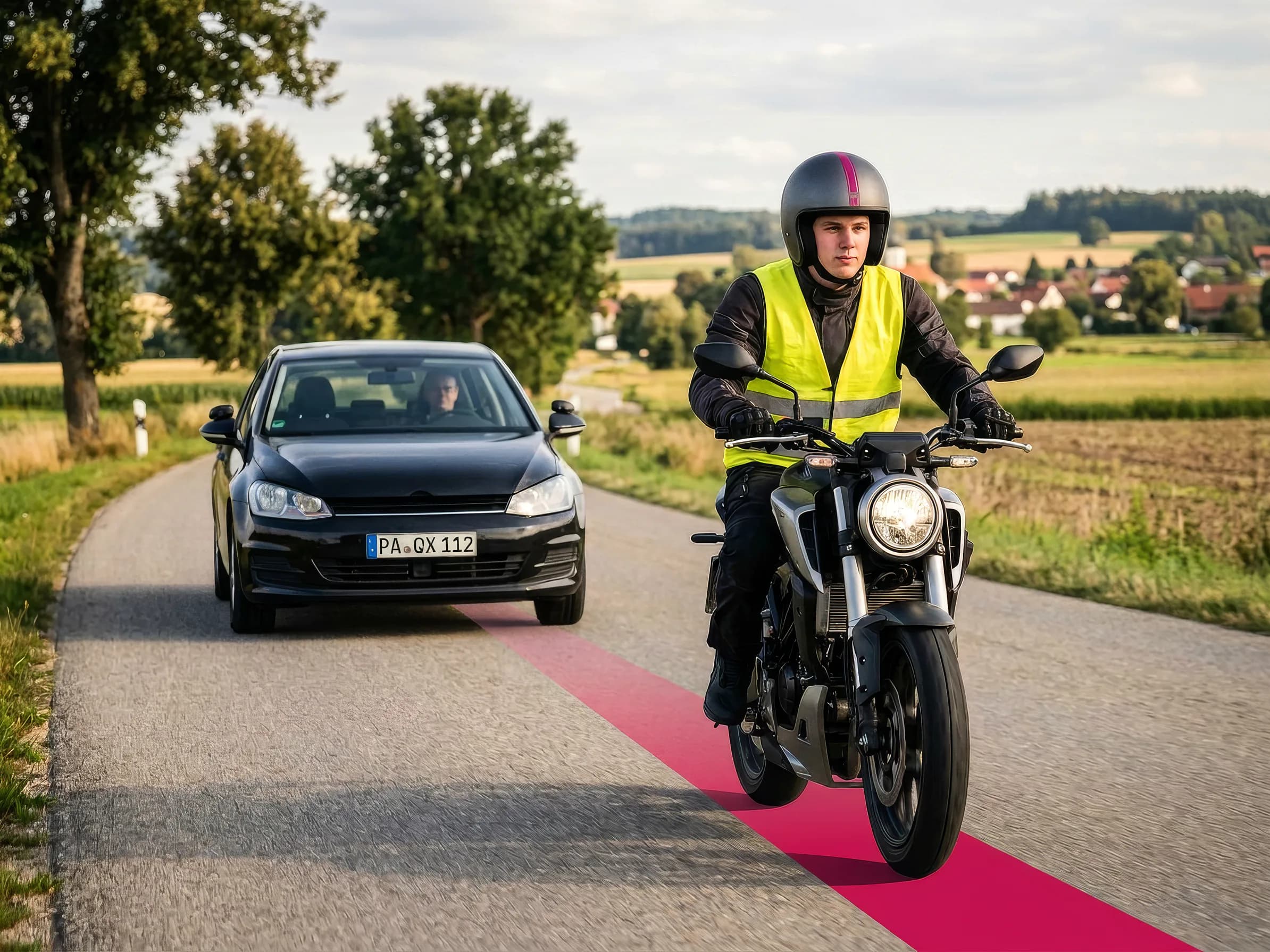 Motorrad-Fahrschüler in Warnweste fährt auf einer Landstraße voraus, dahinter folgt das Fahrschulauto