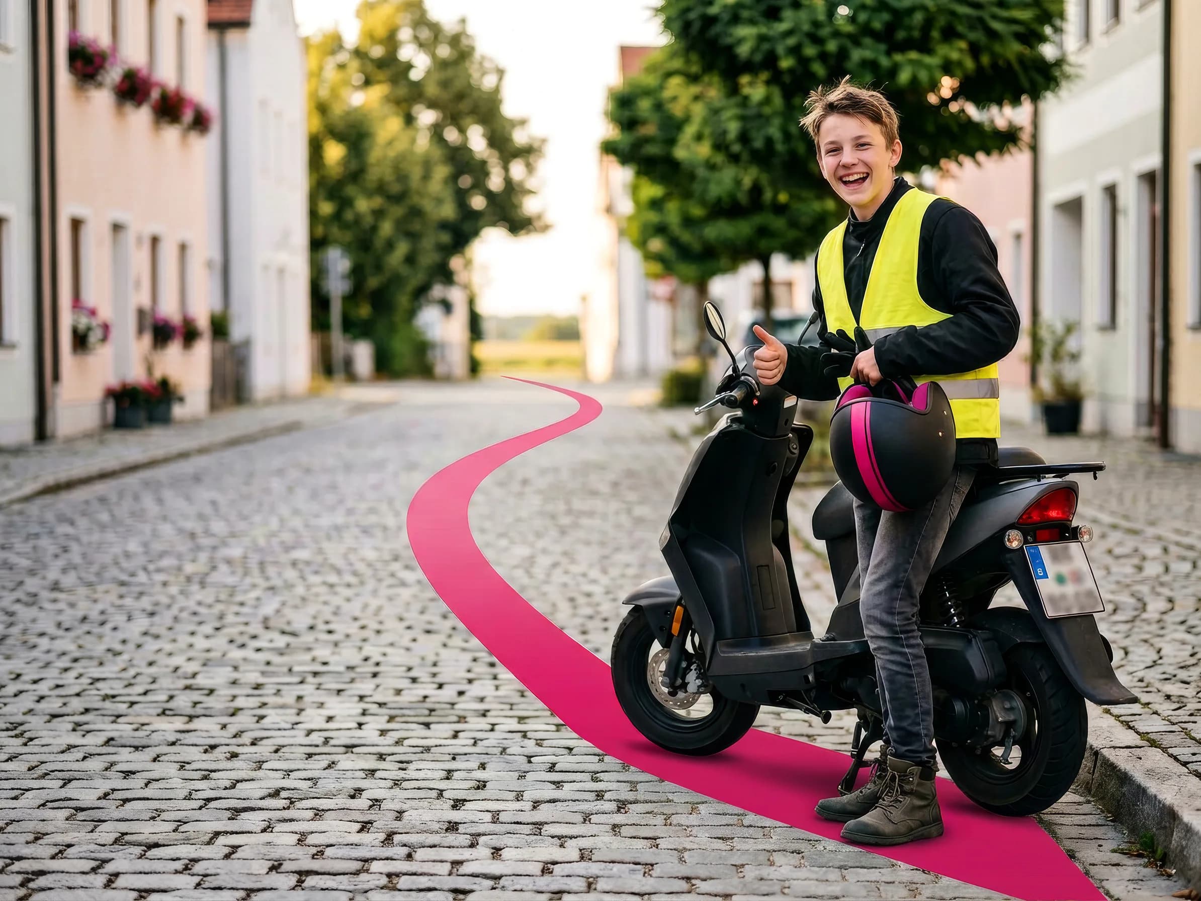 Jugendlicher in Warnweste sitzt lachend auf einem Motorroller in einer Altstadtgasse, den Helm am Arm