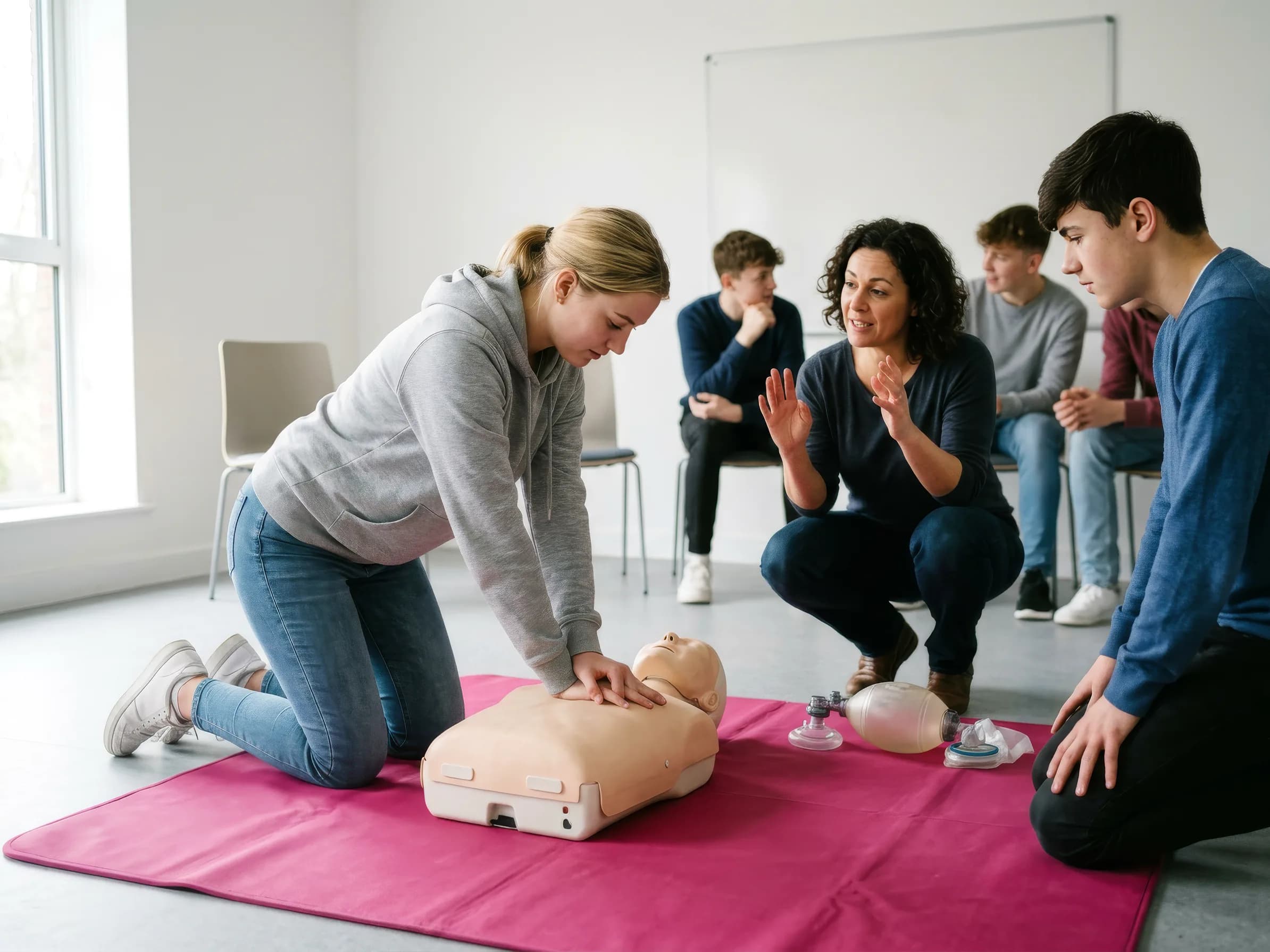 Teilnehmerin übt die Herzdruckmassage an einer Reanimationspuppe, daneben leitet die Ausbilderin an
