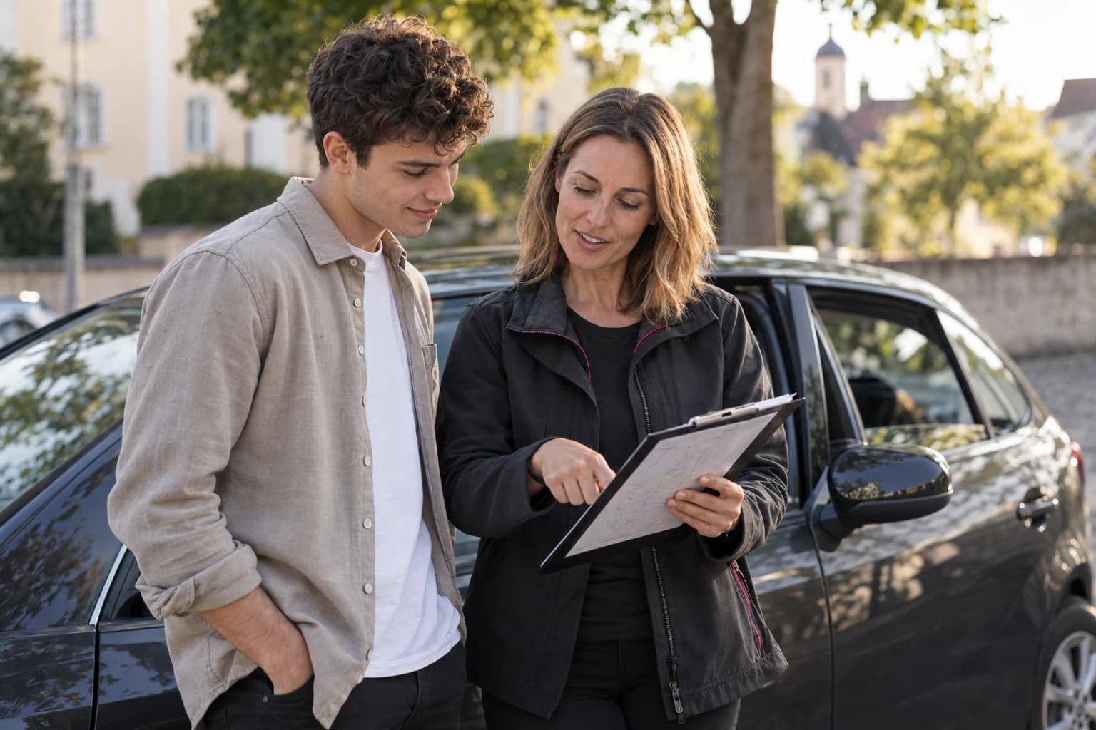 Ein Fahrschüler und eine Fahrlehrerin besprechen neben einem geparkten Auto die Route für die nächste Fahrstunde