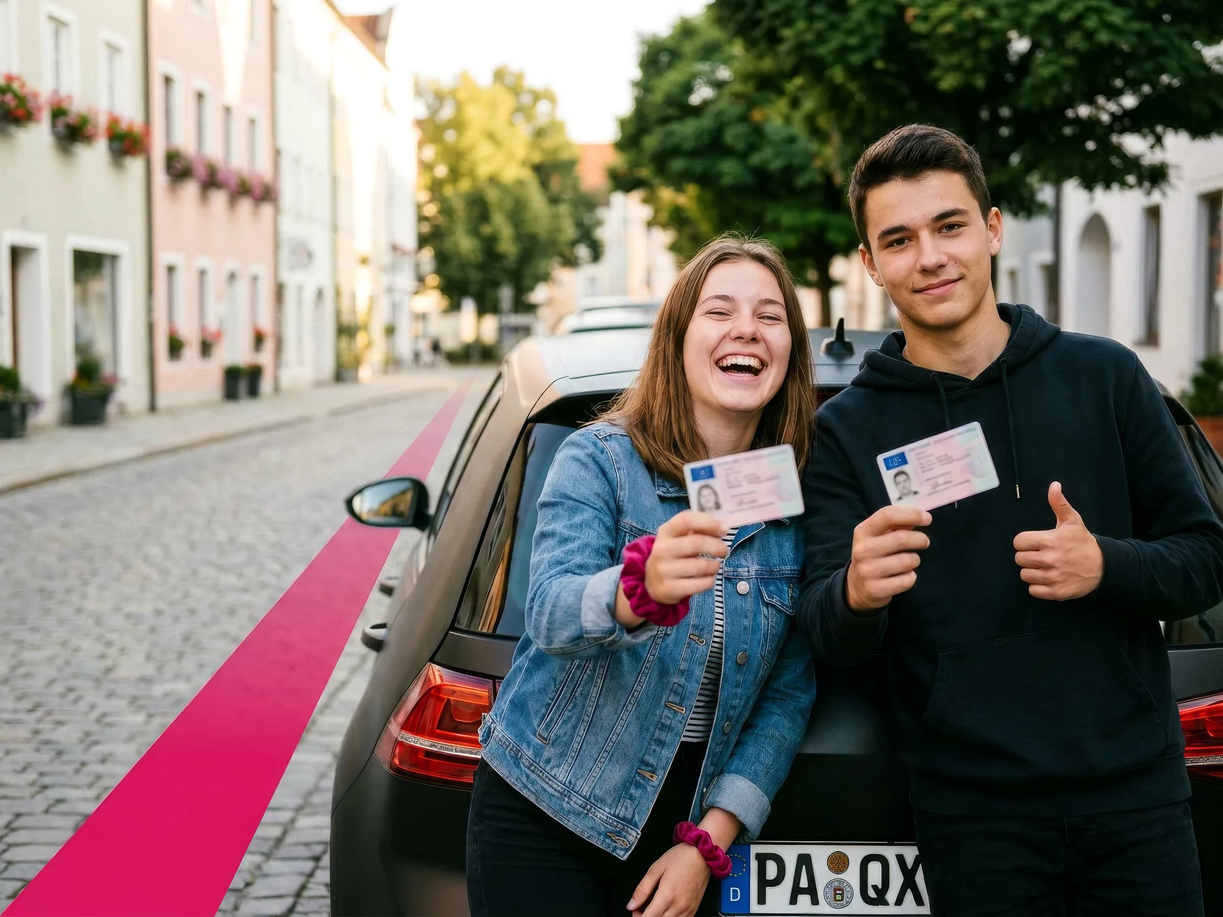 Zwei junge Fahrschüler zeigen lachend ihre neuen Führerscheine, angelehnt an das Fahrschulauto in einer Altstadtgasse
